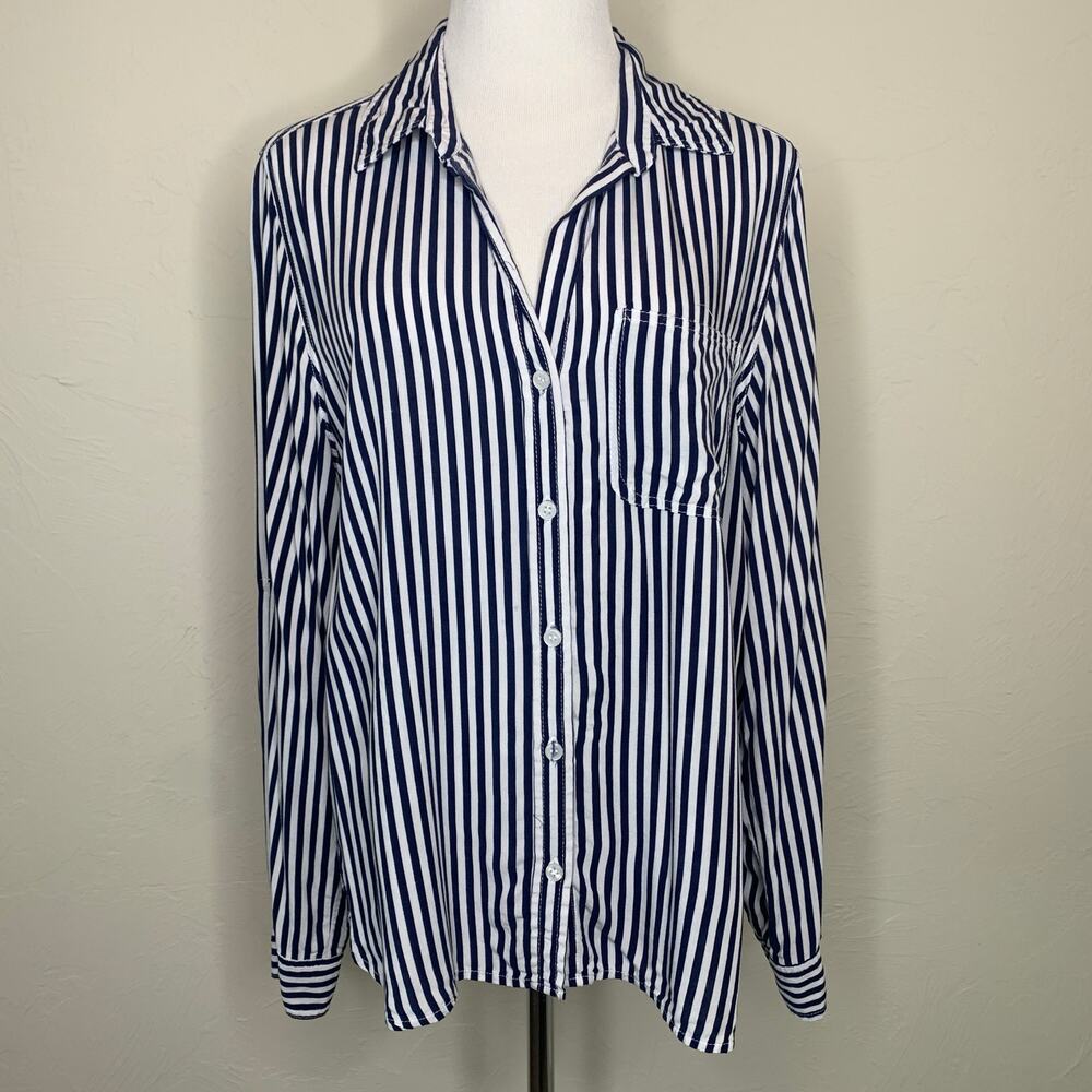 Velvet Heart Navy Blue White Striped Button Up Shirt Sz Large